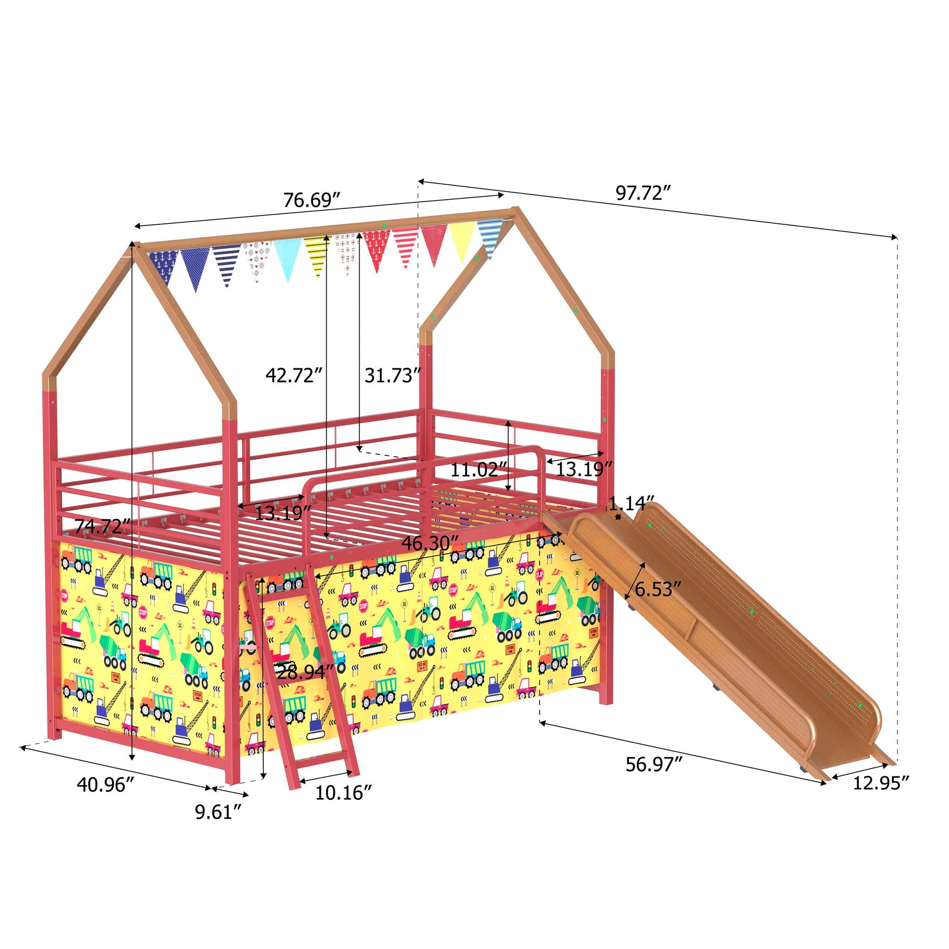Jack HouseOfZazla loft bed with slide and curtain set, red frame, colorful bunting panels on Tampa Home & Garden Store