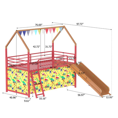 Jack HouseOfZazla loft bed with slide and curtain set, red frame, colorful bunting panels on Tampa Home & Garden Store