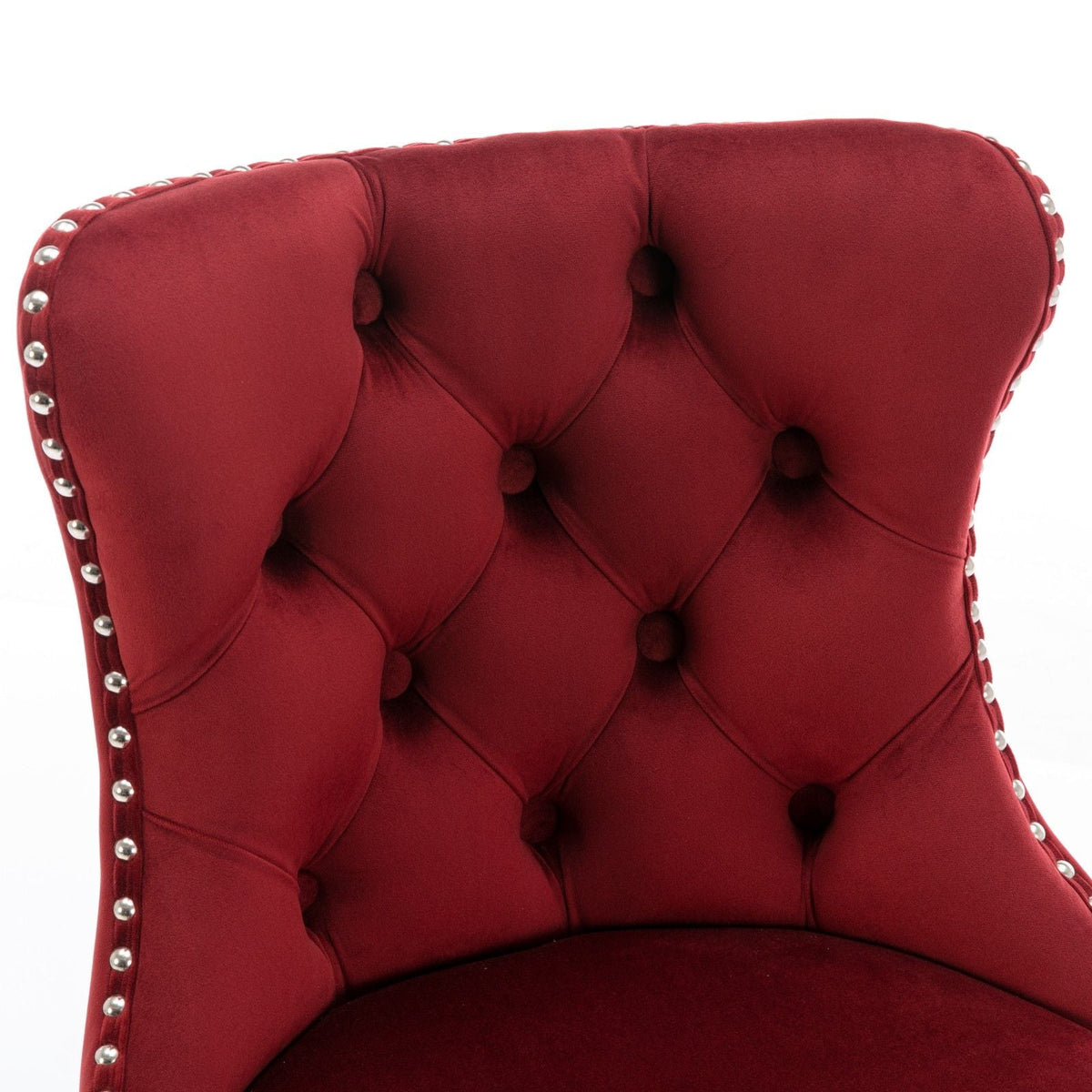 Red velvet tufted barstool seat close-up with silver nailhead trim; set of 2 HouseOfZazla on Tampa Home & Garden Store