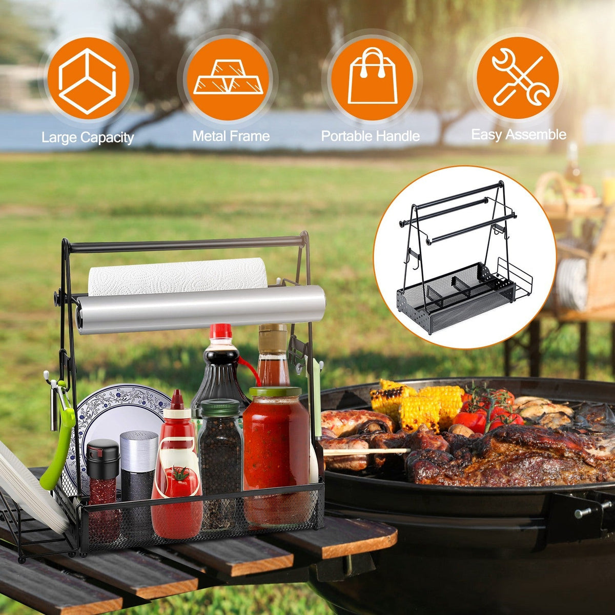 GemGear metal grill utensil caddy with paper towel holder, outdoor barbecue organizer on Tampa Home & Garden Store