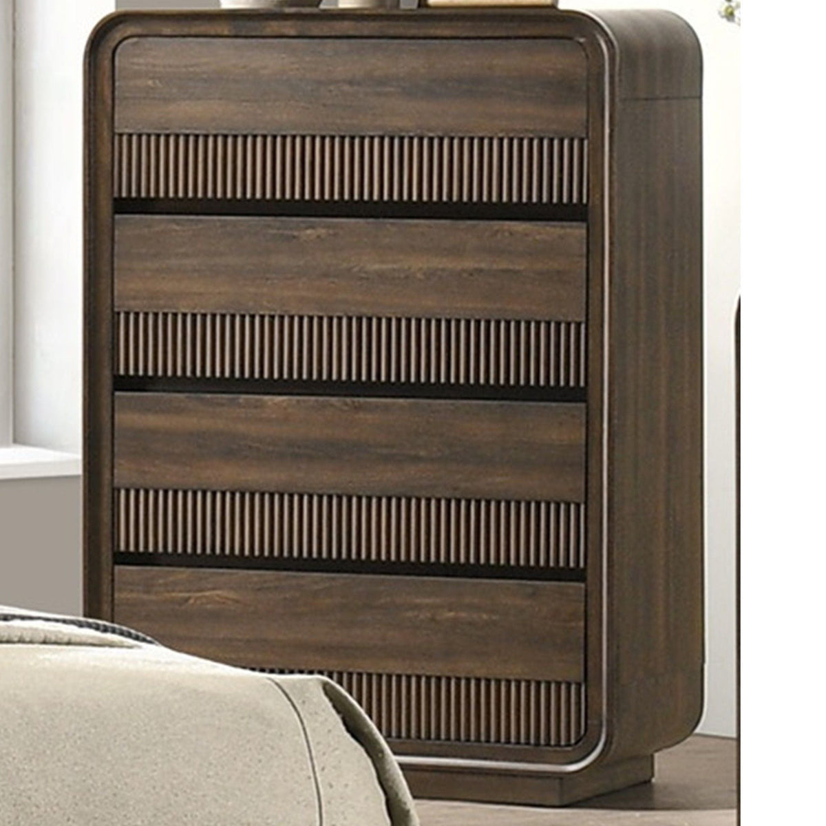Mid-Century Modern brown wood accent chest with rounded edges and ribbed drawer fronts on Tampa Home & Garden Store
