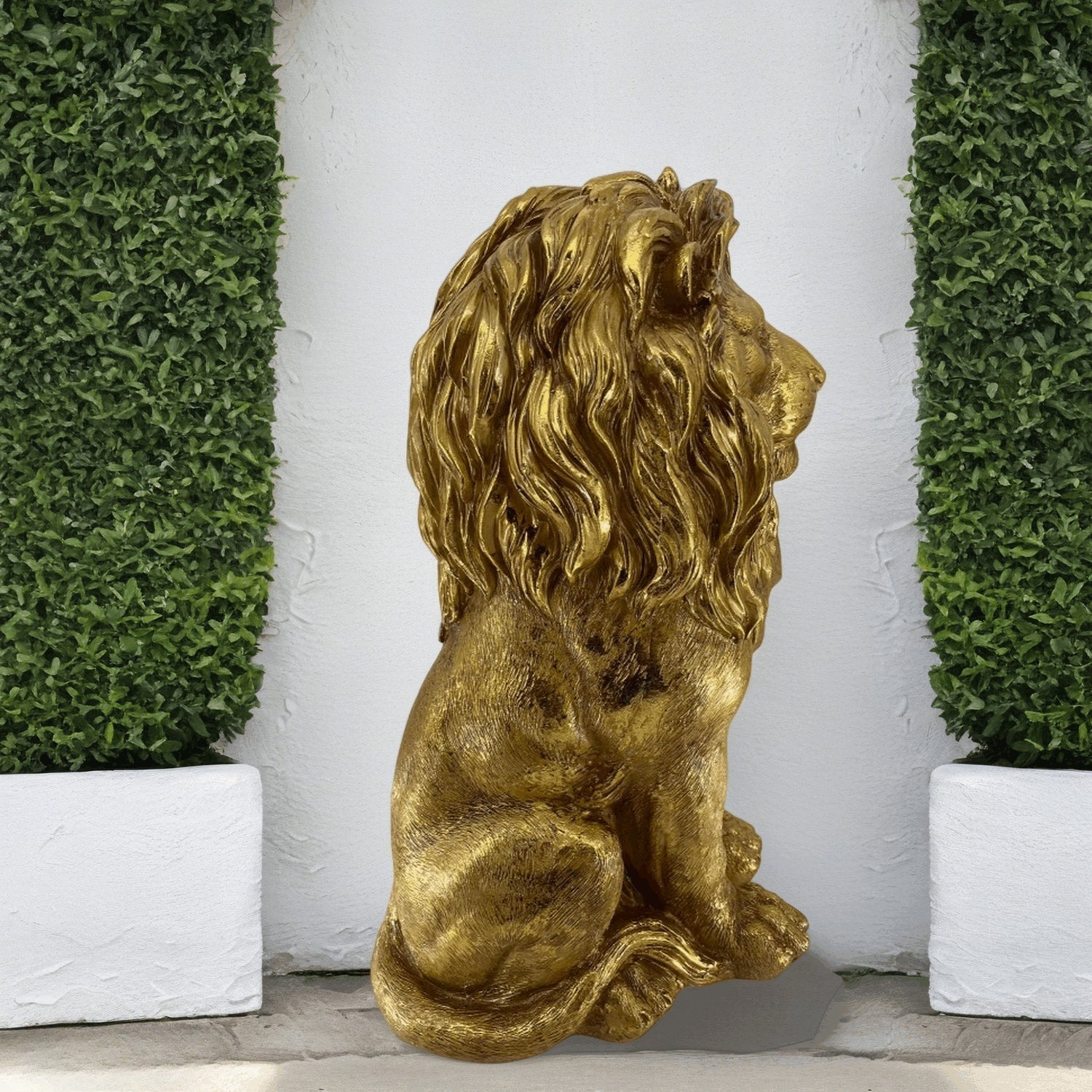 24-inch lion statue resin outdoor guardian sculpture gold finish HouseOfZazla garden sculptures on Tampa Home & Garden Store