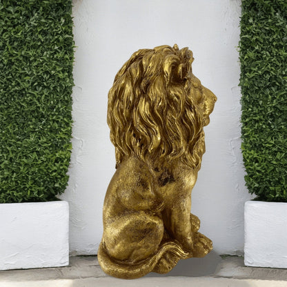 24-inch lion statue resin outdoor guardian sculpture gold finish HouseOfZazla garden sculptures on Tampa Home & Garden Store