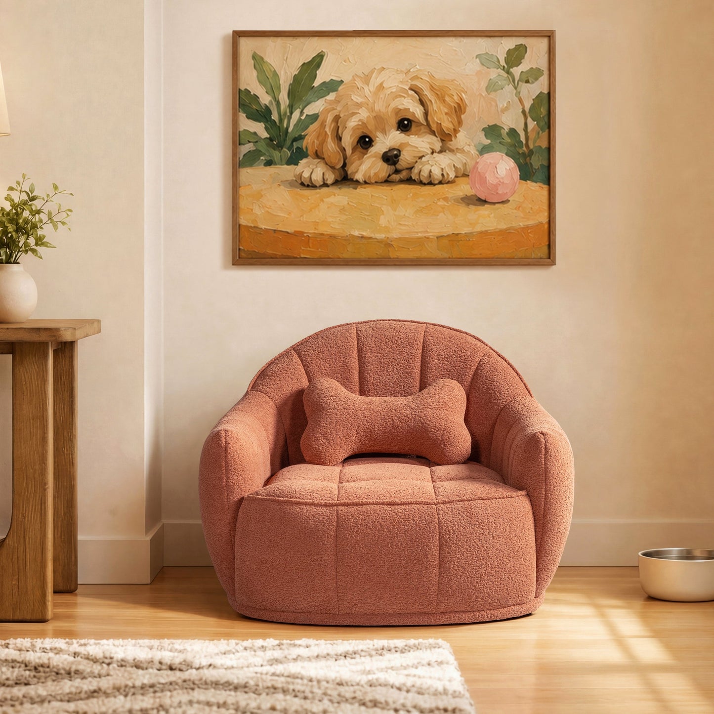 Louie 30.5 in Modern Dog Sofa Bed Spice with Bone Pillow, plush pet furniture on Tampa Home & Garden Store