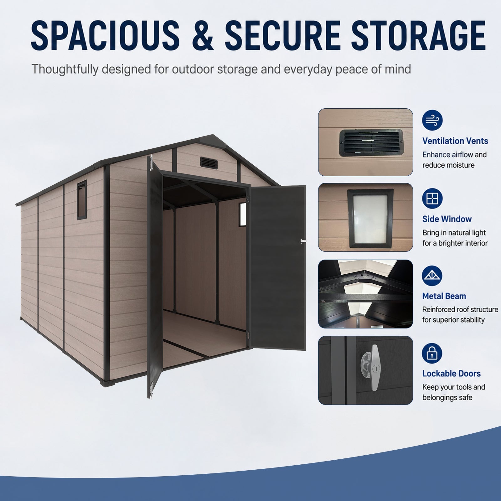 HouseOfZazla 8x10 ft plastic outdoor storage shed with tan resin panels and lockable doors on Tampa Home & Garden Store