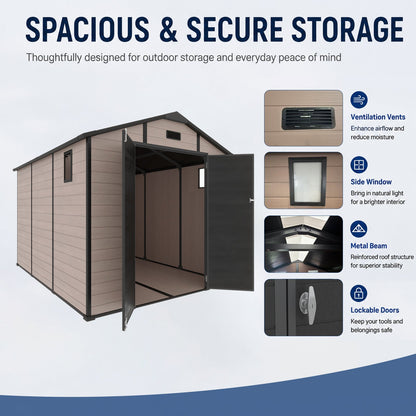 HouseOfZazla 8x10 ft plastic outdoor storage shed with tan resin panels and lockable doors on Tampa Home & Garden Store