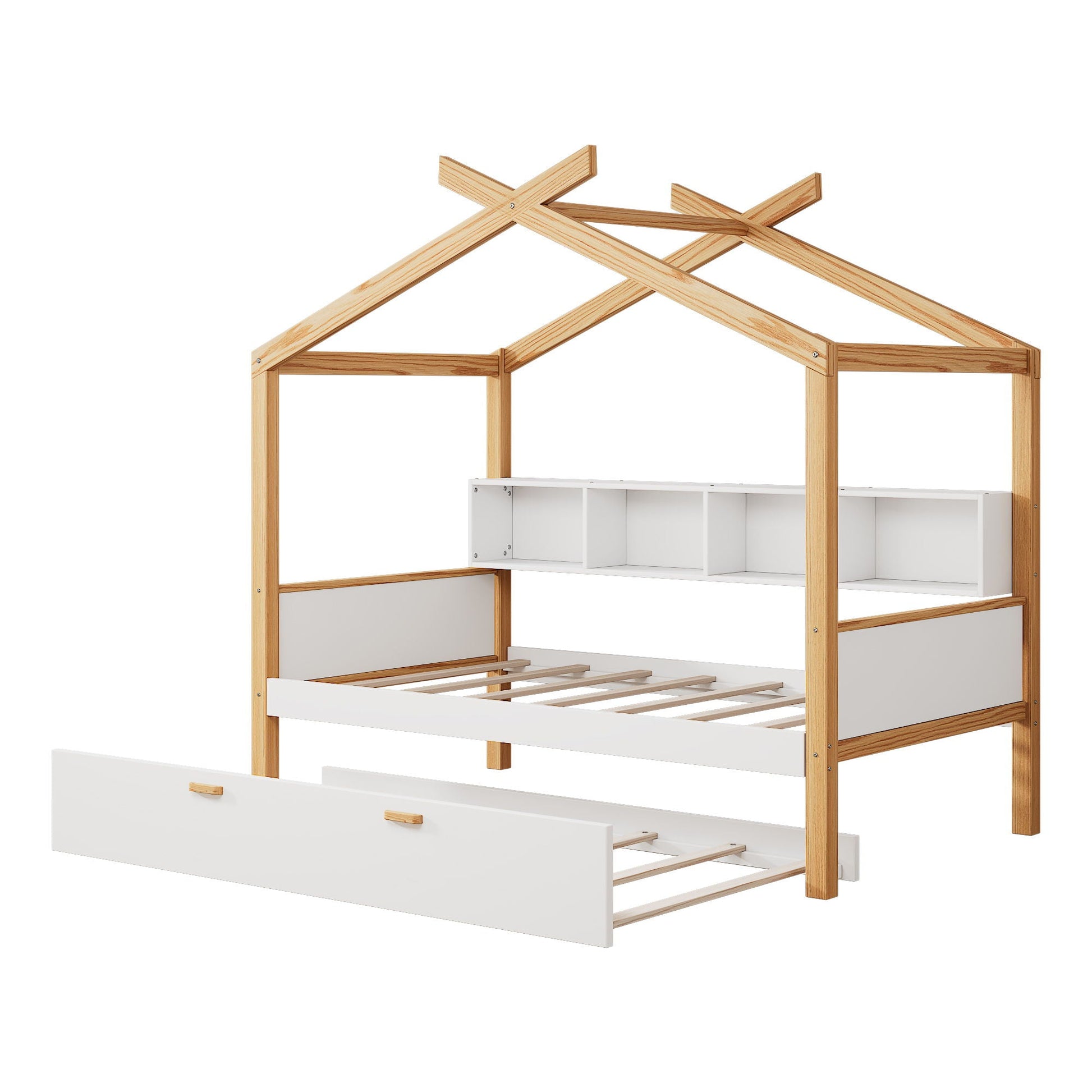 House bed with bookshelf storage natural wood frame and white cubby storage HouseOfZazla on Tampa Home & Garden Store