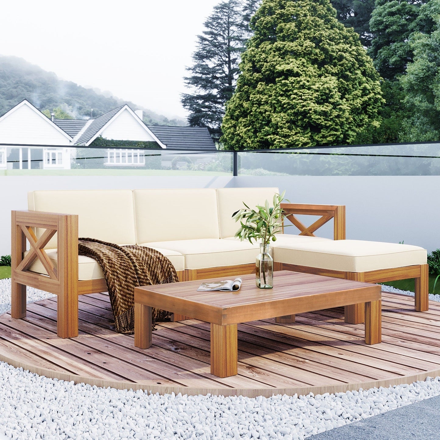Acacia Wood Outdoor Patio Sectional Sofa Set