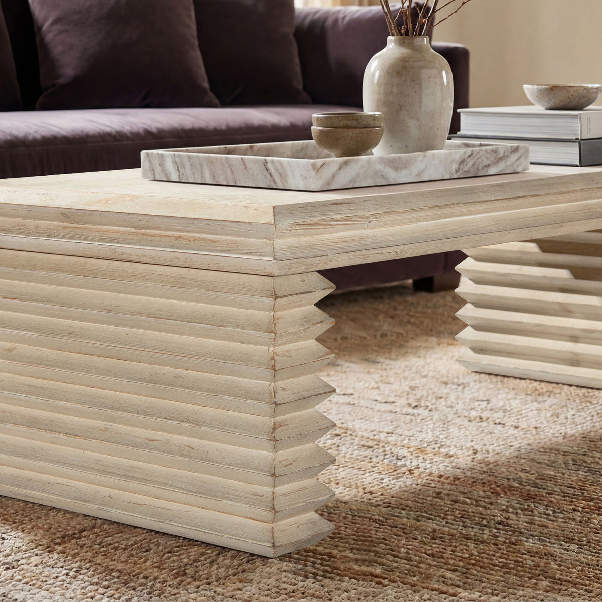 Geometric Waterfall Console Table in solid light wood with marble tray, vase and two bowls on Tampa Home & Garden Store