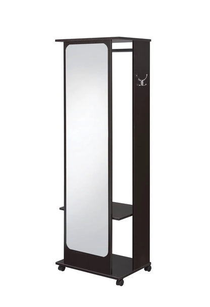 Kolen Hall Tree Espresso by Unique Piece Furniture with full-length mirror, hooks, wheeled base on Tampa Home & Garden Store