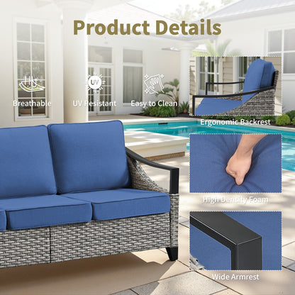 73.4in Wide Outdoor Wicker Sofa by HouseOfZazla with blue cushions on Tampa Home & Garden Store