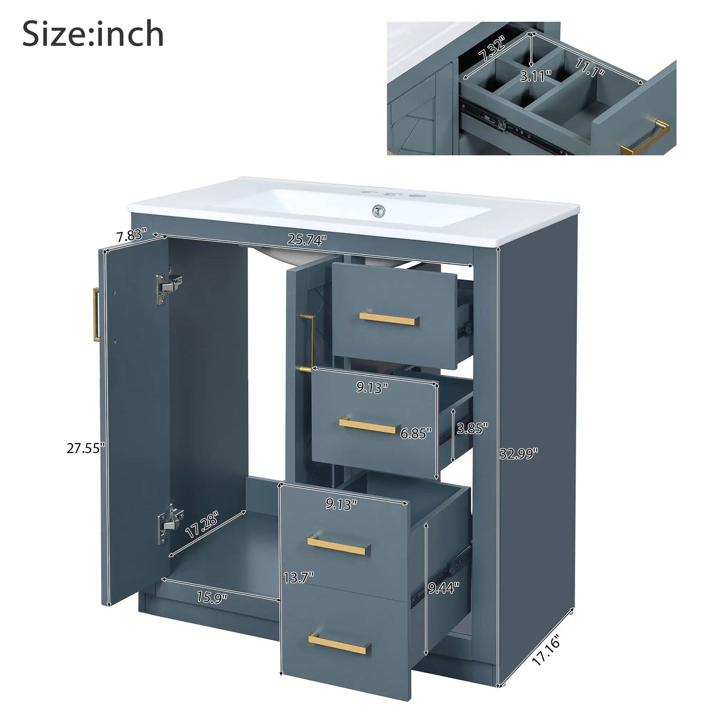 Blue-gray bathroom vanity with sink and 3-drawer freestanding cabinet with soft-close doors on Tampa Home & Garden Store