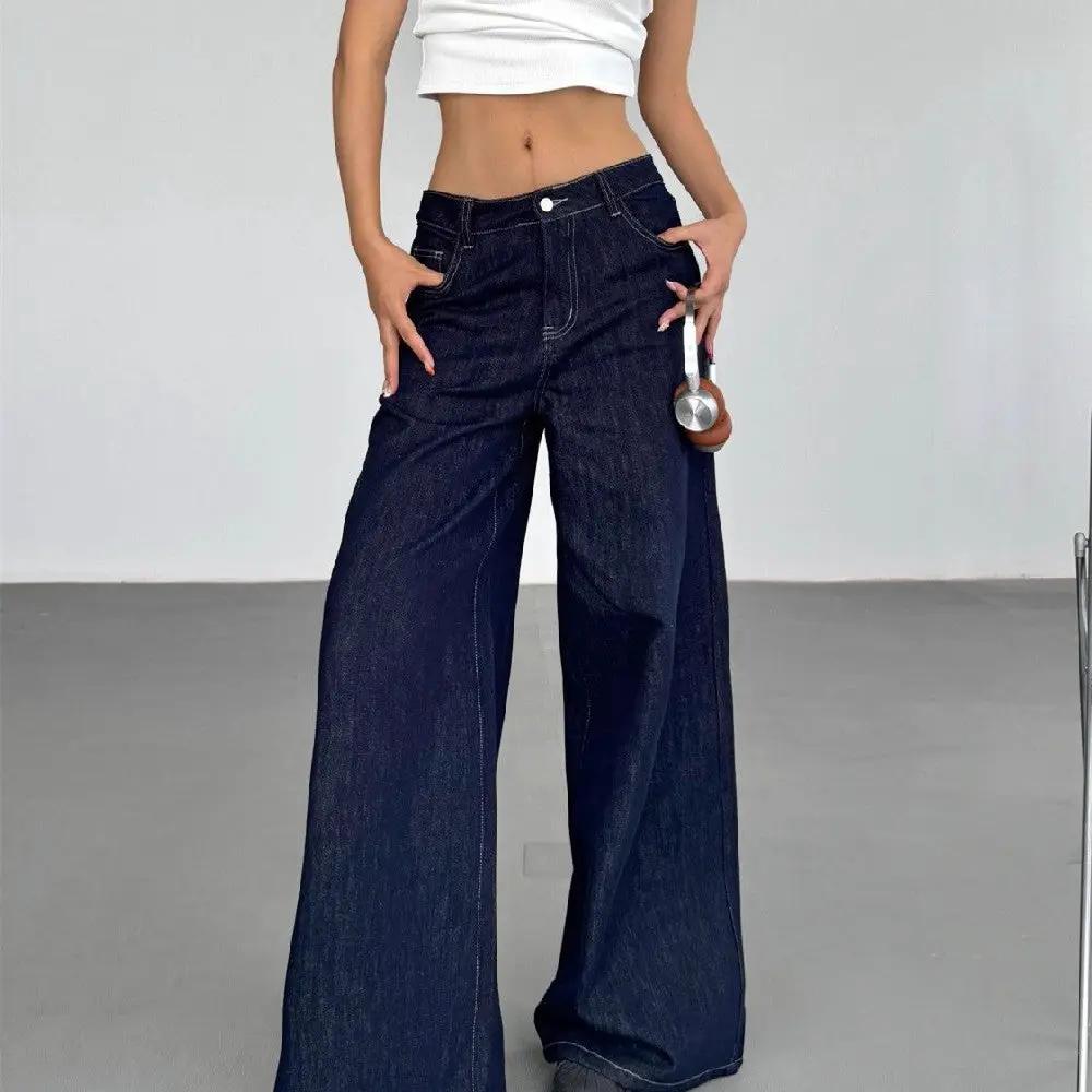 Fashion American Retro Wide Leg Jeans For Women, dark indigo denim, high-waist wide-leg fit on Tampa Home & Garden Store