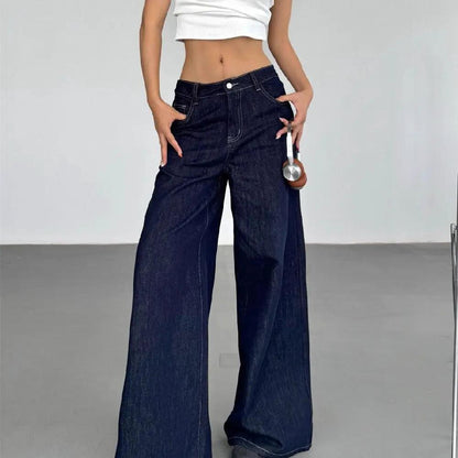 Fashion American Retro Wide Leg Jeans For Women, dark indigo denim, high-waist wide-leg fit on Tampa Home & Garden Store