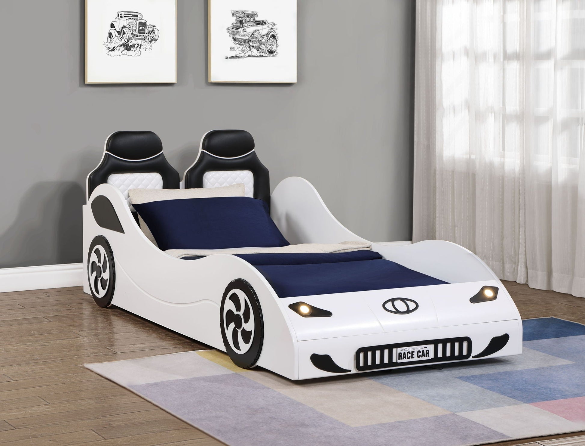 Colen Twin Car Bed With LED white twin car bed with black headrests and LED headlights on Tampa Home & Garden Store