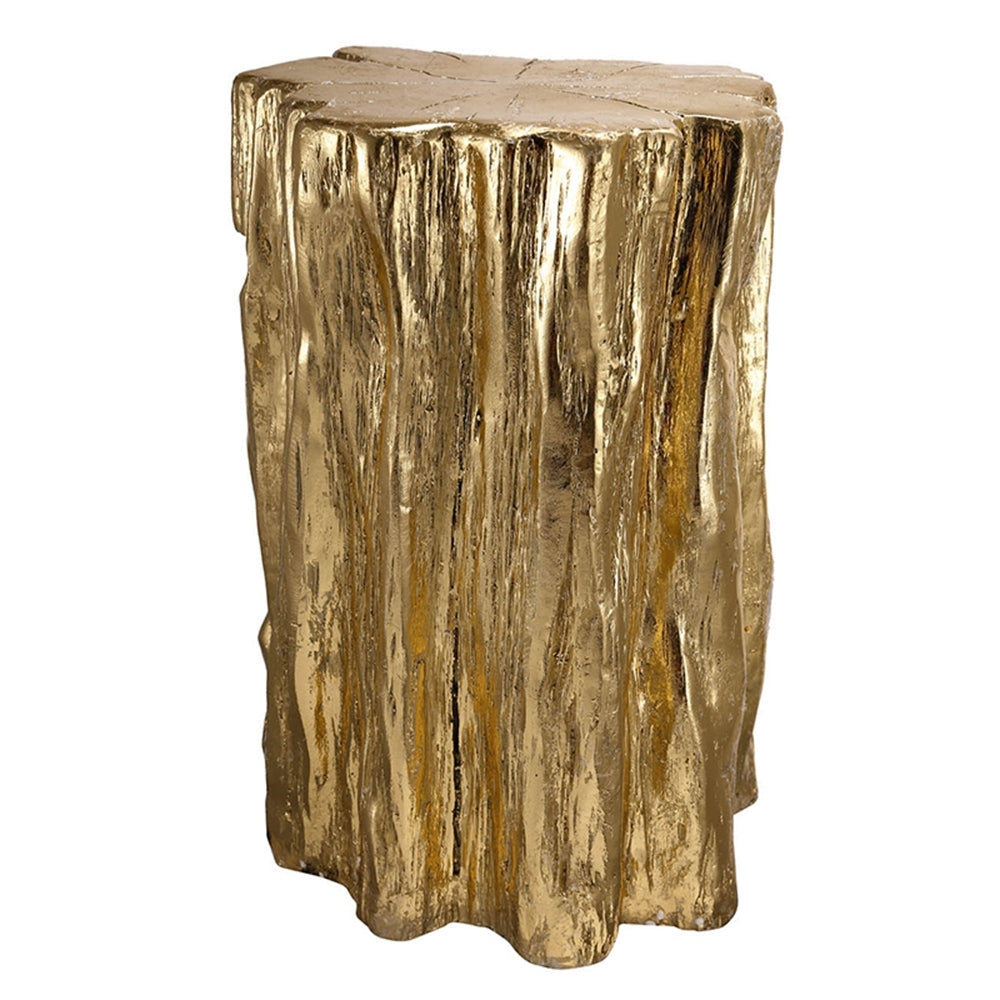 Unique Golden Tree Trunk Stool in antique gold distressed finish, bar cart style on Tampa Home & Garden Store