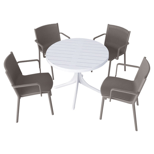 5 Piece Outdoor Set: 4 modern stackable plastic armchairs around a round white table on Tampa Home & Garden Store