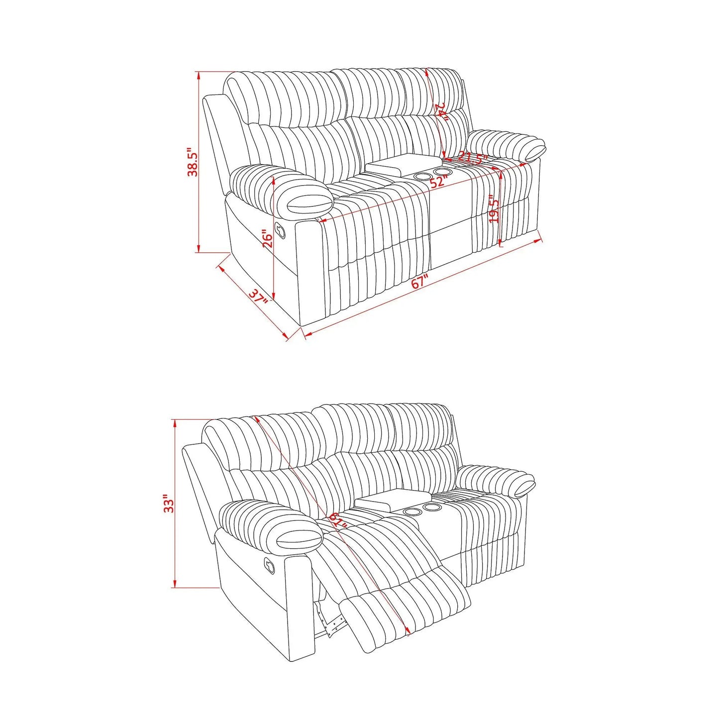 Bruni console reclining loveseat with manual recline in line drawing blueprint on Tampa Home & Garden Store