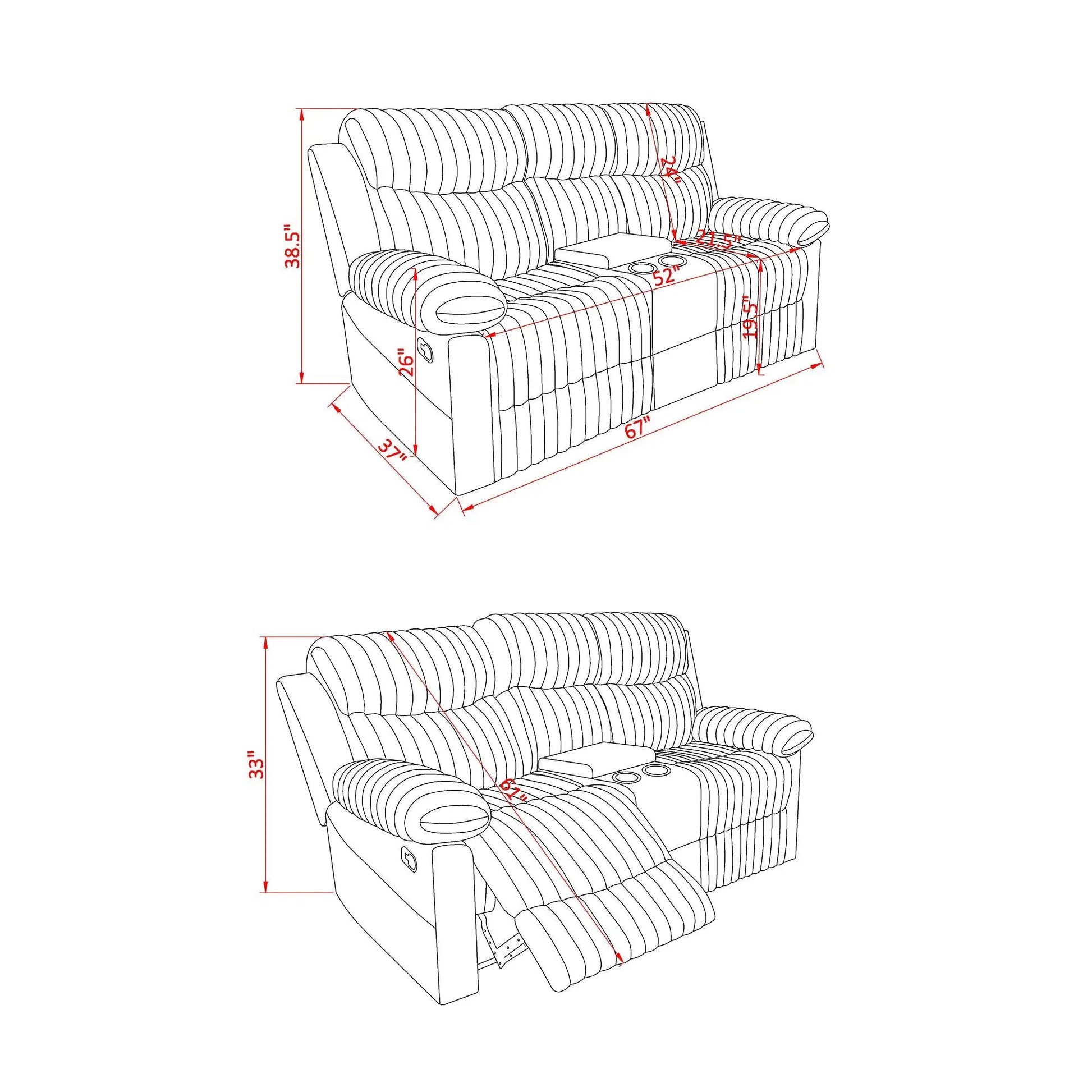 Bruni console reclining loveseat with manual recline in line drawing blueprint on Tampa Home & Garden Store