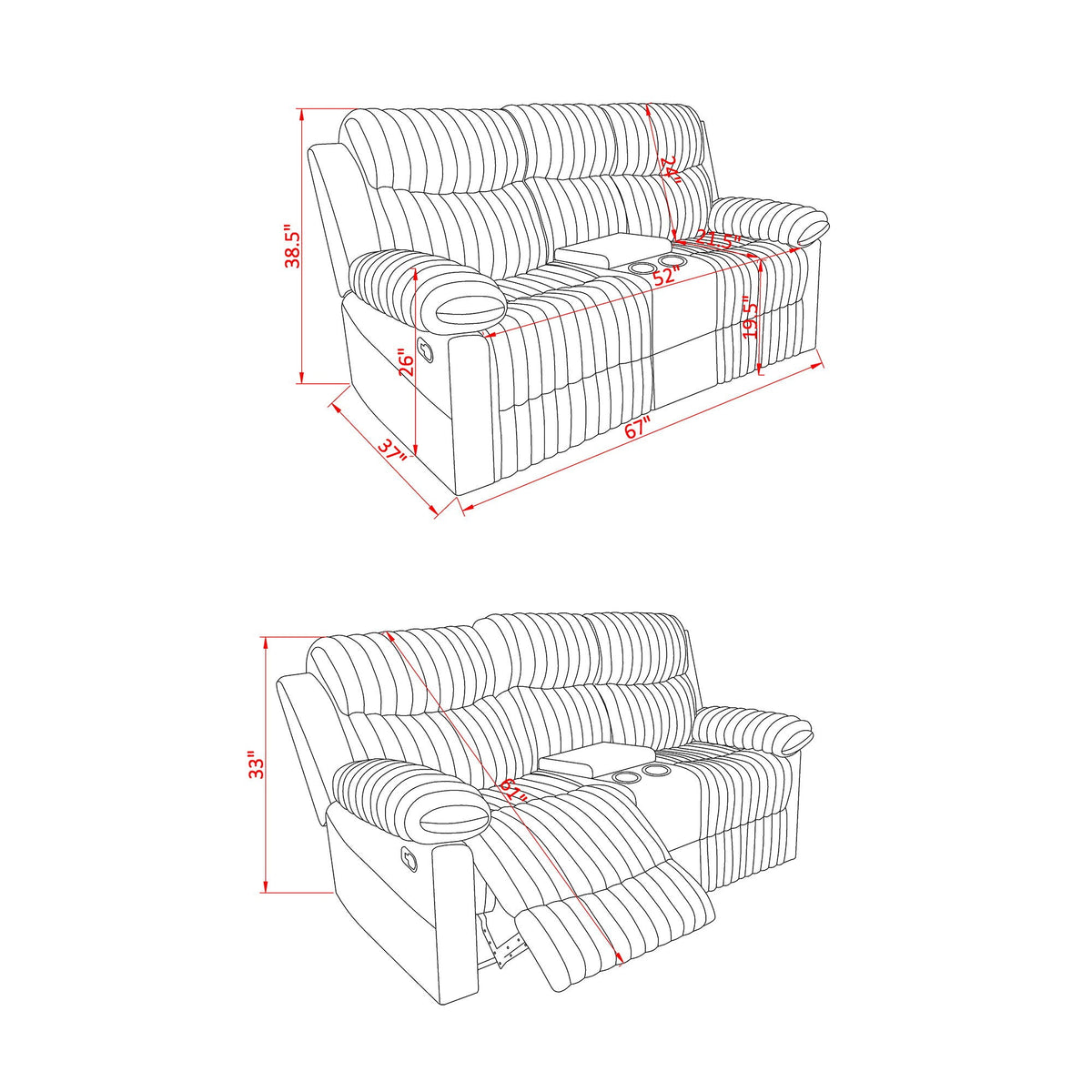 Bruni manual reclining loveseat and console; dimensioned line-art with red measurements on Tampa Home & Garden Store