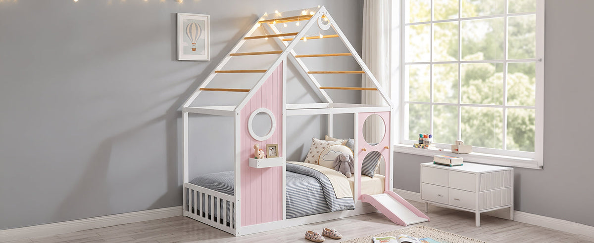 Twin house bed with slide in pink and white, playhouse design with wooden ladder rungs on Tampa Home & Garden Store