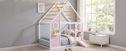 Twin house bed with slide in pink and white, playhouse design with wooden ladder rungs on Tampa Home & Garden Store