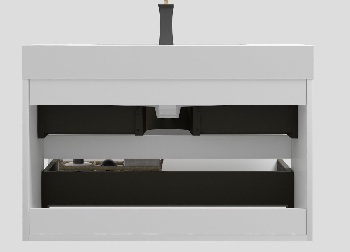 Modern floating bathroom vanity with large storage, white finish and black faucet on Tampa Home & Garden Store