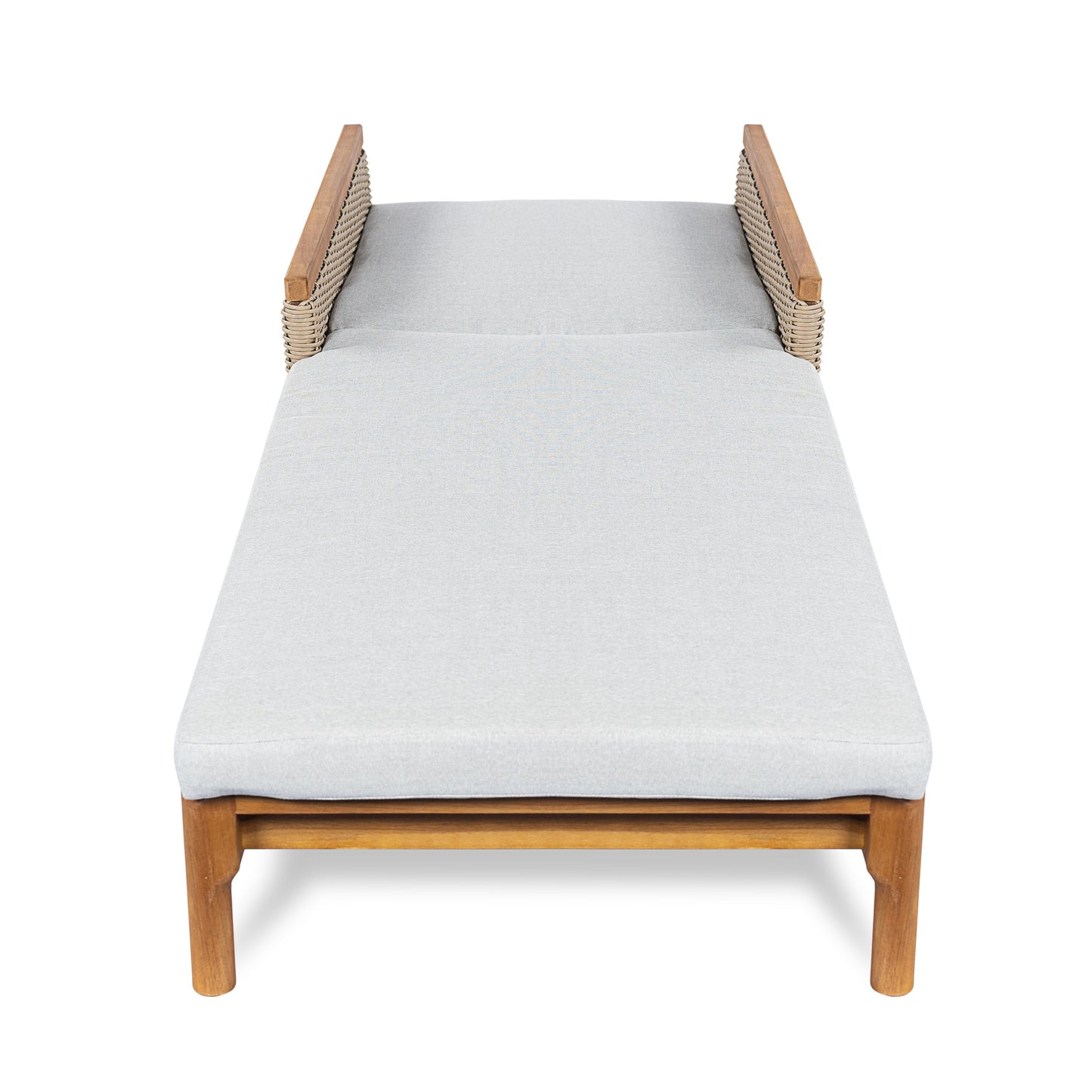 HouseOfZazla solid acacia wood sun lounger with grey cushions and light grey wicker on Tampa Home & Garden Store