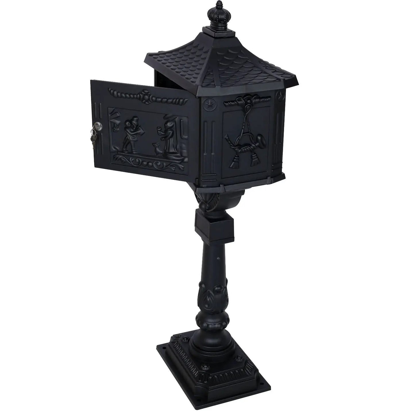 Cast aluminum mailbox with embossed panels on ornate black post by Unique Piece Furniture on Tampa Home & Garden Store
