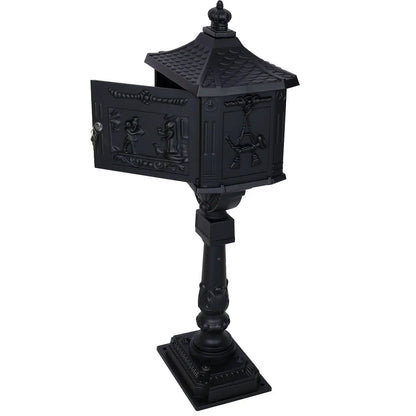 Cast aluminum mailbox with embossed panels on ornate black post by Unique Piece Furniture on Tampa Home & Garden Store