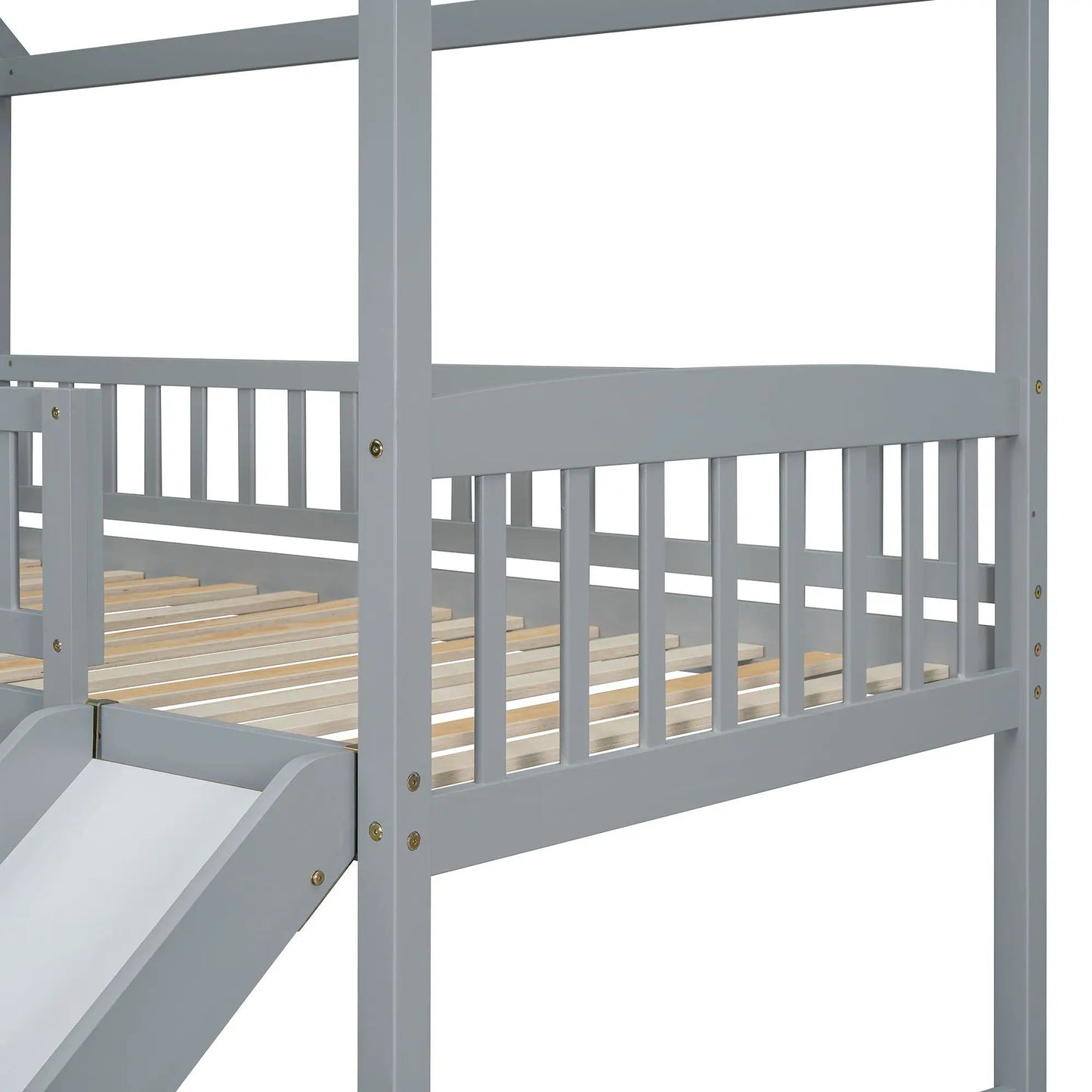 House bunk bed with slide, gray wooden frame, upper guard rails and slatted lower bed on Tampa Home & Garden Store
