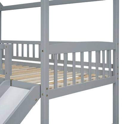 House bunk bed with slide, gray wooden frame, upper guard rails and slatted lower bed on Tampa Home & Garden Store
