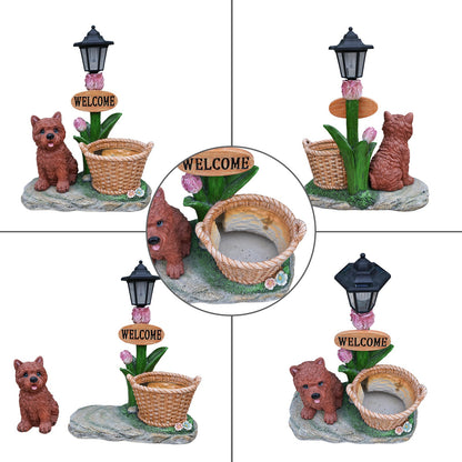 Sitting Puppy Solar Planter Outdoor Statue by HouseOfZazla with lantern post and basket on Tampa Home & Garden Store