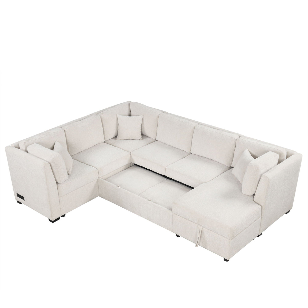 U-shaped sleeper sectional sofa in light beige fabric with storage chaise and back cushions on Tampa Home & Garden Store