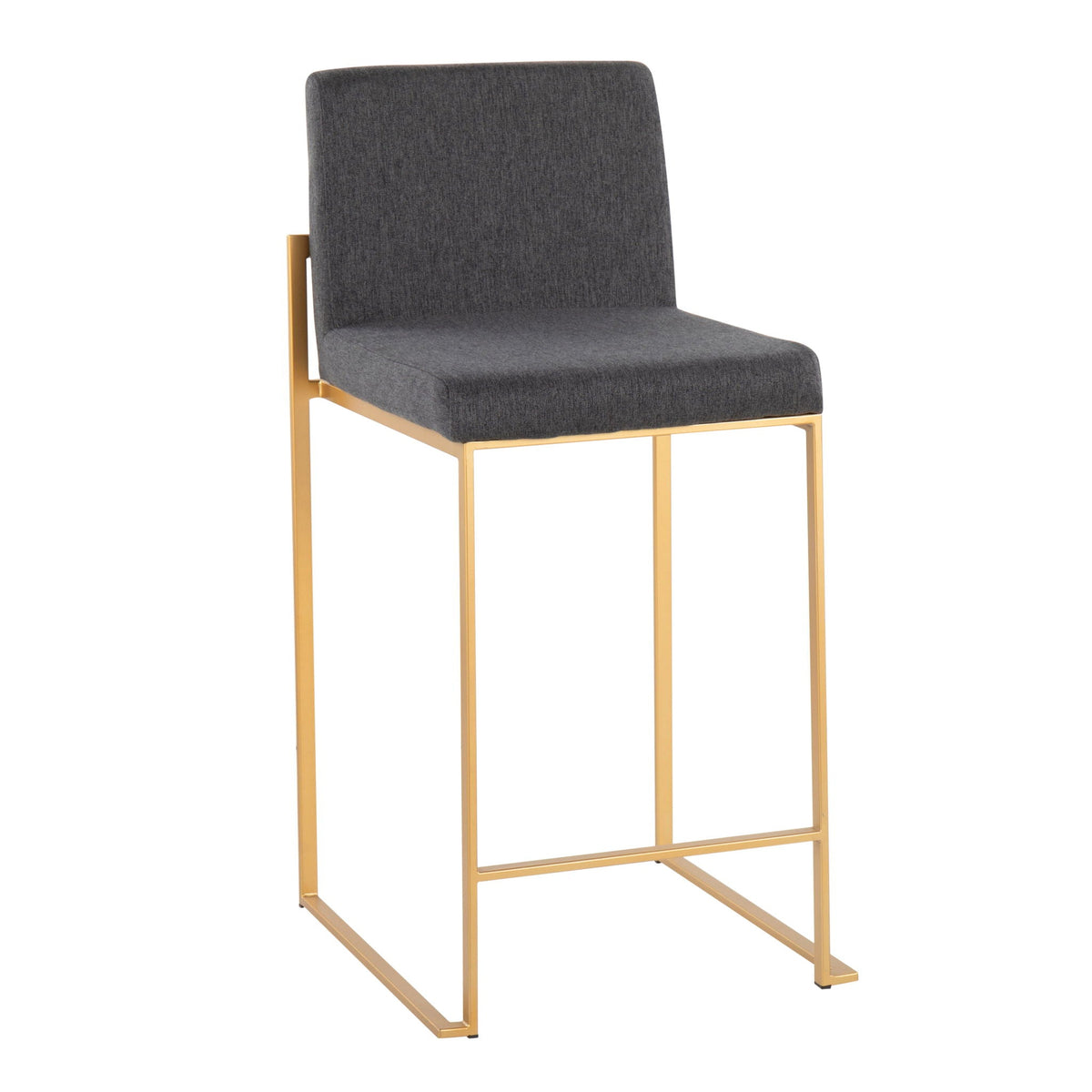 Counter stool with high back, charcoal gray upholstery, gold metal frame on Tampa Home & Garden Store