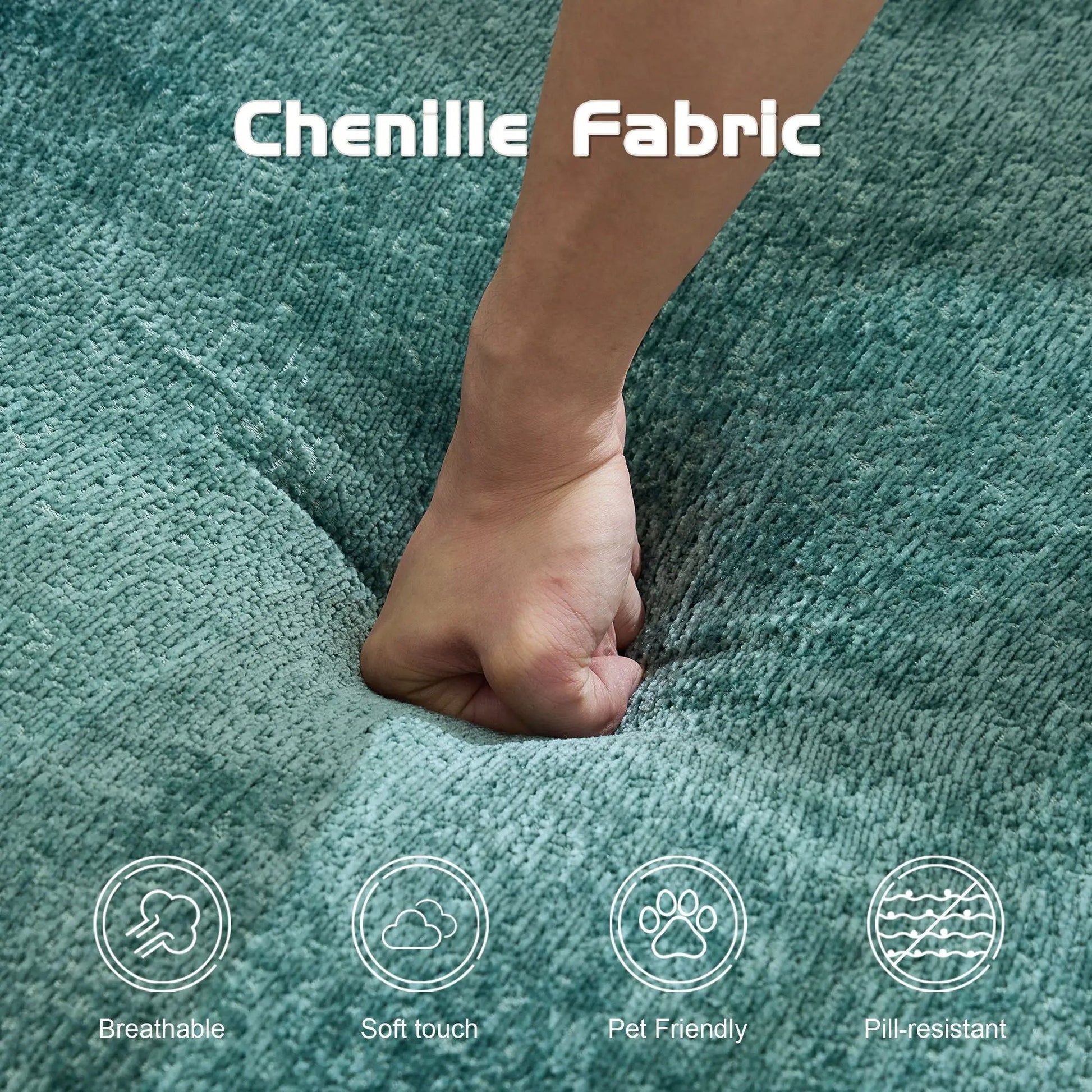 Convertible Floor Sofa Bed foot on teal carpet with breathable soft touch pet friendly icons on Tampa Home & Garden Store