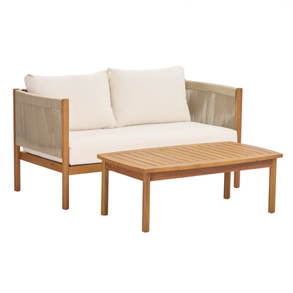 Outdoor loveseat and coffee table set with acacia wood frame teak-look beige cushions 2pc set on Tampa Home & Garden Store