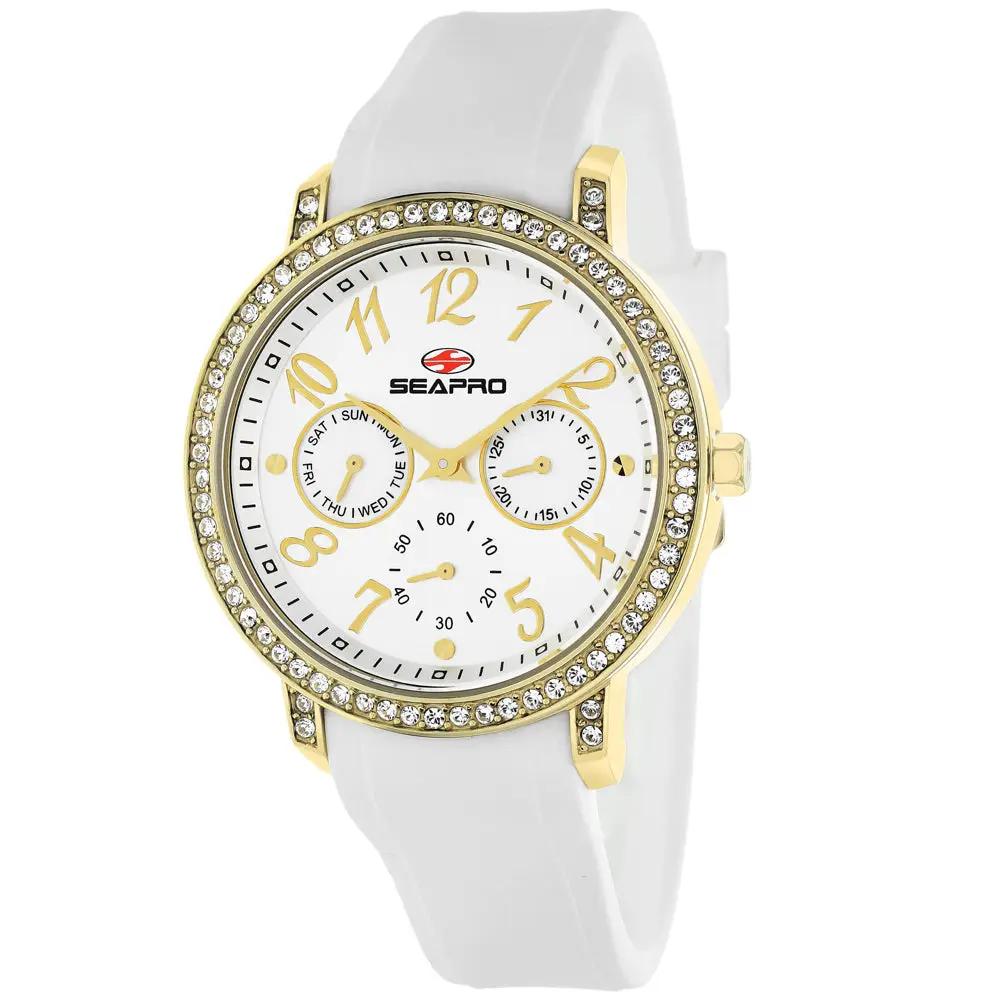 Seapro Women's Swell watch with gold-tone crystal bezel white dial white silicone strap on Tampa Home & Garden Store