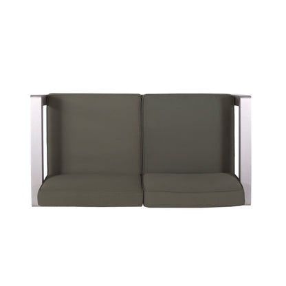 Outdoor aluminum loveseat by HouseOfZazla with low-profile frame and deep olive cushions on Tampa Home & Garden Store