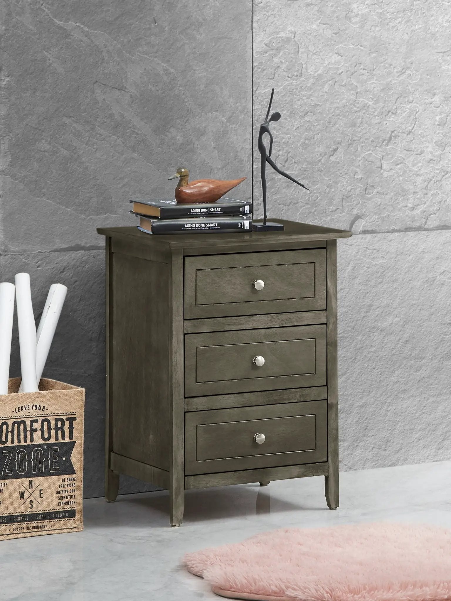 Dove Tailed Drawers 3-Drawer in gray wood with metal knobs topped by a duck sculpture on Tampa Home & Garden Store