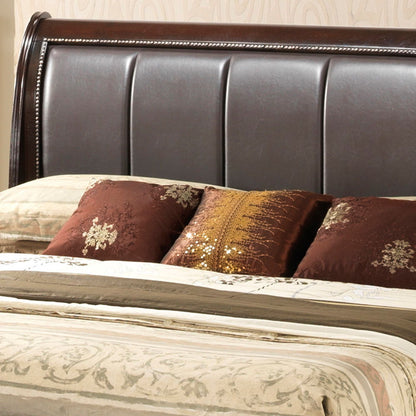 Lavita storage bed with dark wood frame and gray upholstered headboard panels, beige bedding on Tampa Home & Garden Store