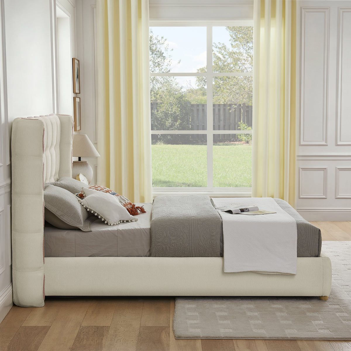 Queen Size Removable Chenille Wingback Upholstered Waffle Bed ivory with tufted headboard on Tampa Home & Garden Store