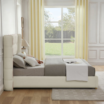Queen Size Removable Chenille Wingback Upholstered Waffle Bed ivory with tufted headboard on Tampa Home & Garden Store
