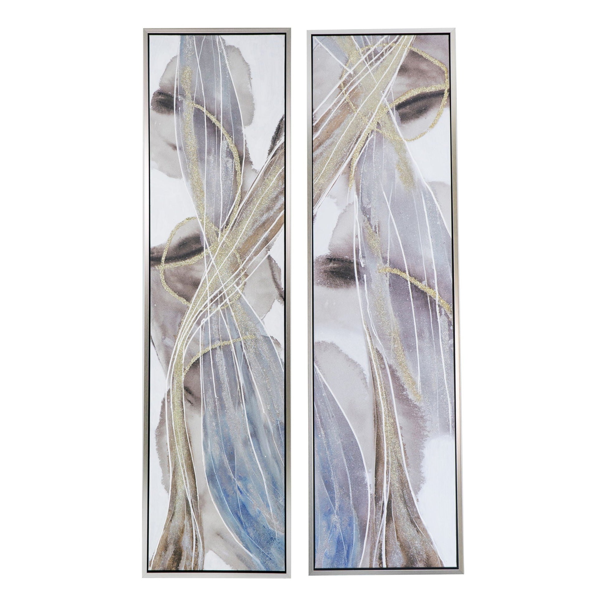 Elongated Modern Abstract Oil Paintings set of 2 on canvas with frames, gray and gold accents on Tampa Home & Garden Store