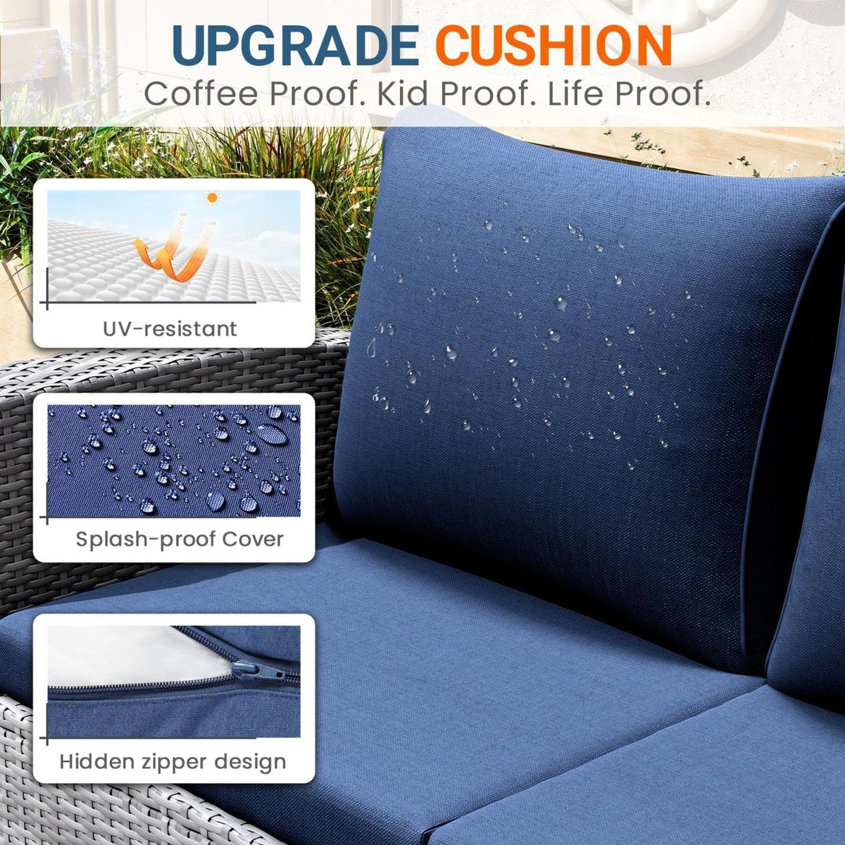 HouseOfZazla Modern 4-Piece Patio Set with Cushions, blue UV-resistant splash-proof covers on Tampa Home & Garden Store