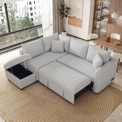 L-shaped sleeper sectional in light gray fabric with movable storage ottoman on Tampa Home & Garden Store