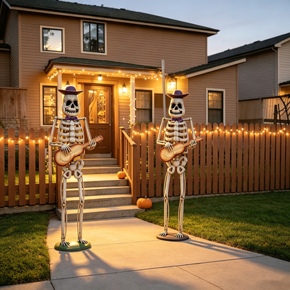 HouseOfZazla Halloween Skeleton yard decor: two guitar-playing skeletons with purple hats on Tampa Home & Garden Store