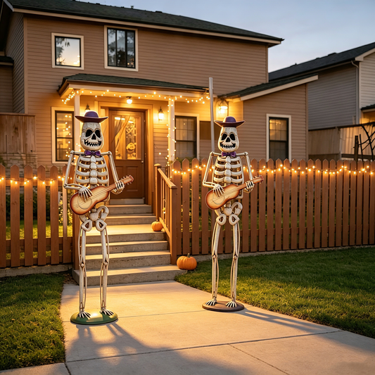HouseOfZazla Halloween Skeleton yard decor: two guitar-playing skeletons with purple hats on Tampa Home & Garden Store