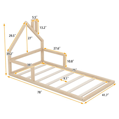 Floor bed with house-shaped headboard in natural wood, platform bed frame by HouseOfZazla on Tampa Home & Garden Store