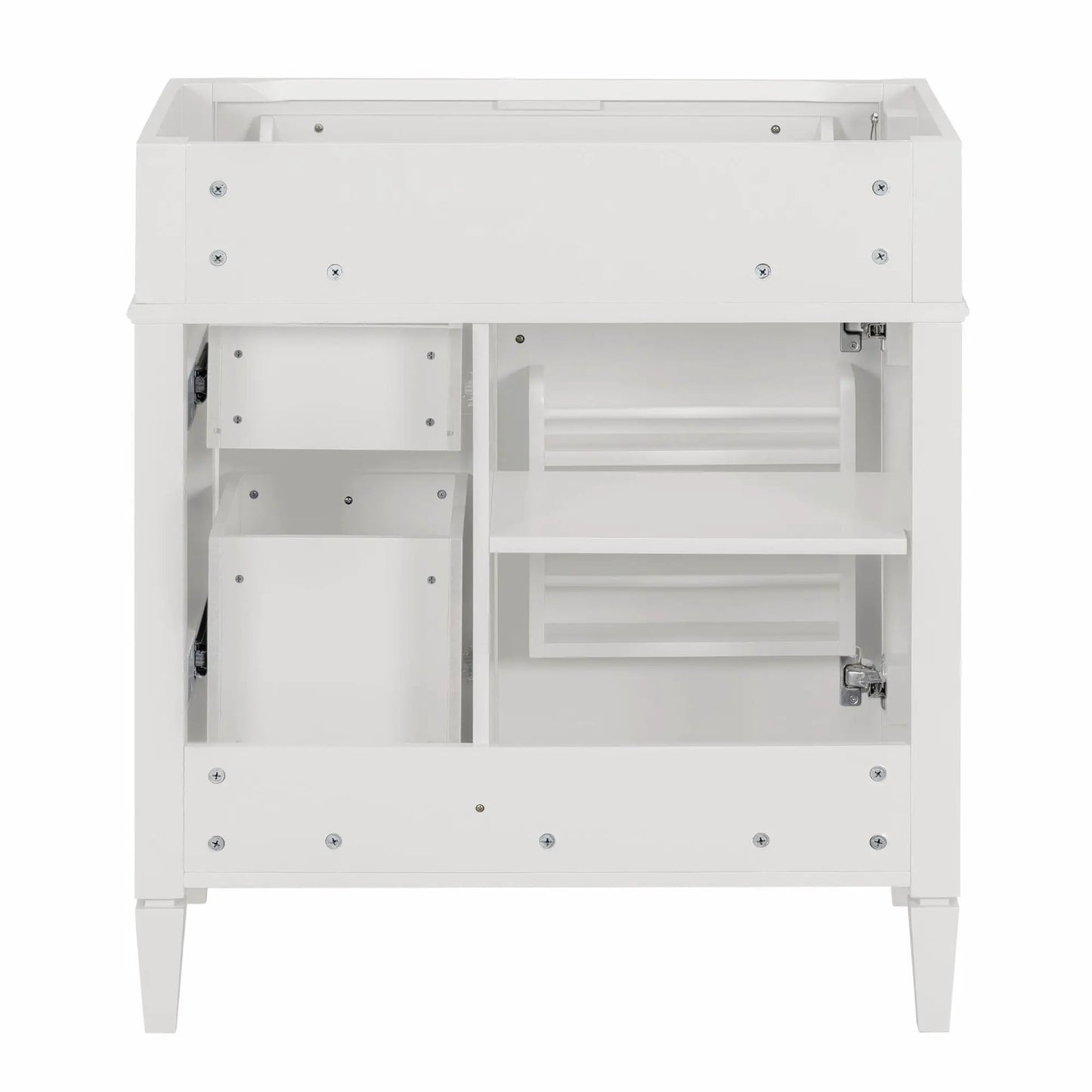 White bathroom vanity base with two drawers and a tip-out storage cabinet on Tampa Home & Garden Store